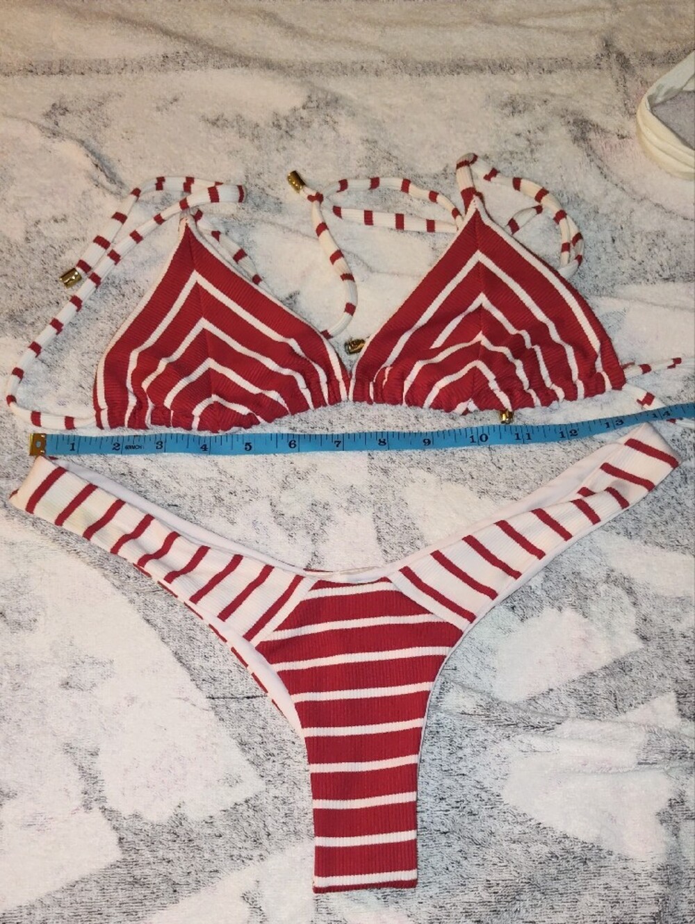 Beach Bunny Red and White Striped Ribbed Triangle Bikini Set - Picture 2 of 4